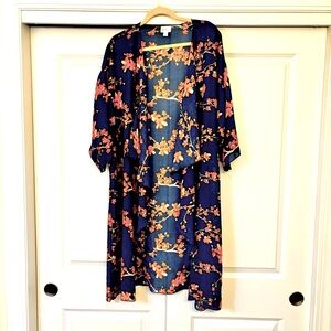 LulaRoe Kimono Cobalt blue with orange cream color Floral Print Open Ruffle